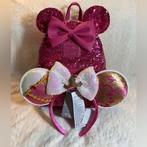 NEW Loungefly Disney Magenta Sequins Backpack & Disneyland Paris Aurora Ears